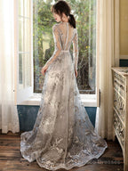Elegant Sliver Grey Long Sleeves Long Evening Dress Party Dress, A-Line Senior Prom Dress