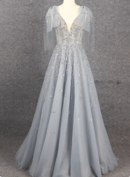 Elegant Smoky Blue Deep V Sequin Tulle Long Prom Dress Evening Dress Bridesmaid Dress Secondary image