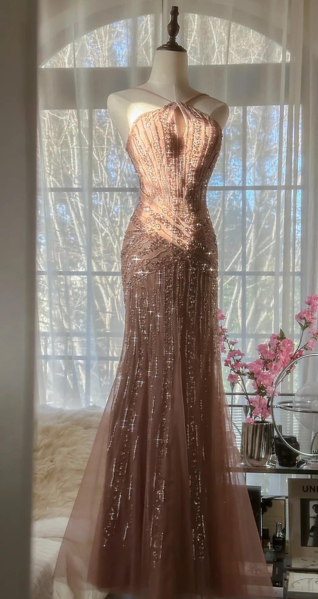 Elegant Blush Pink Spaghetti Strap Mermaid Tulle Sequin Long Prom Dress Beaded Graduation Prom Adult Ceremony Dress