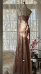Elegant Blush Pink Spaghetti Strap Mermaid Tulle Sequin Long Prom Dress Beaded Graduation Prom Adult Ceremony Dress