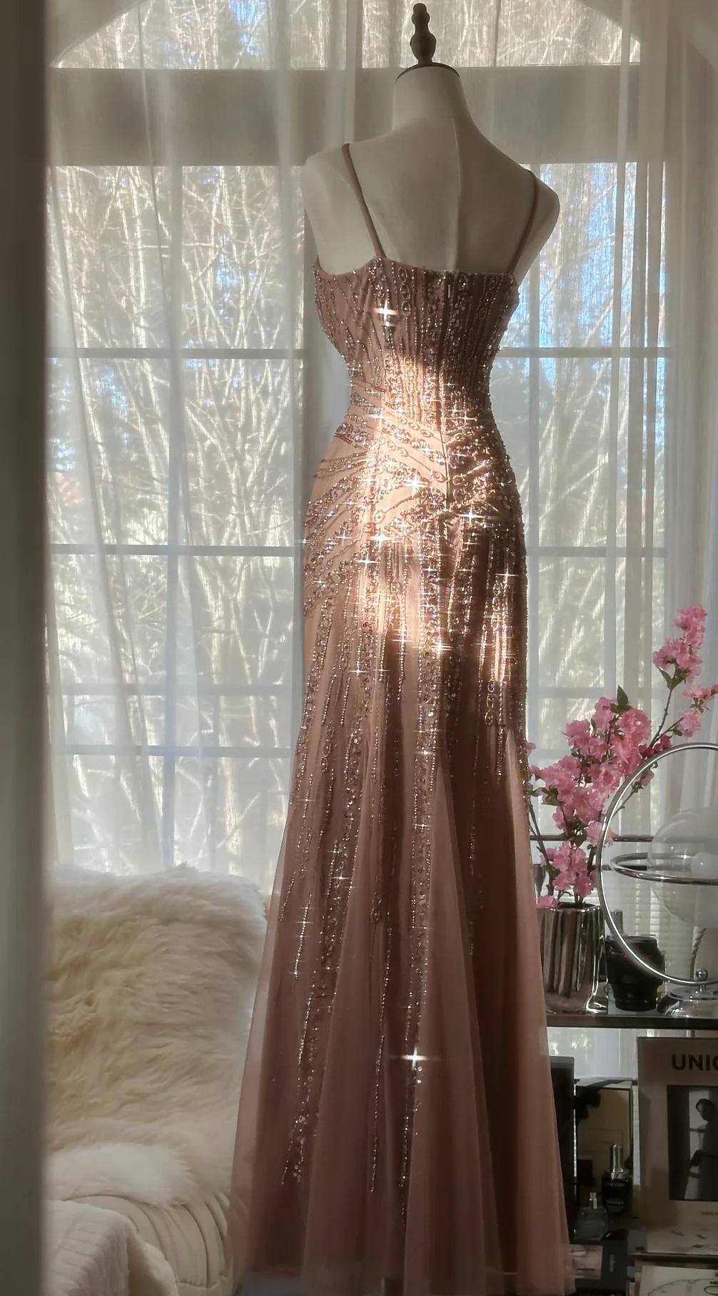 Elegant Blush Pink Spaghetti Strap Mermaid Tulle Sequin Long Prom Dress Beaded Graduation Prom Adult Ceremony Dress