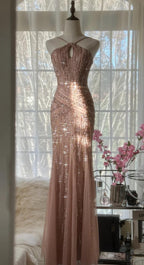 Elegant Blush Pink Spaghetti Strap Mermaid Tulle Sequin Long Prom Dress Beaded Graduation Prom Adult Ceremony Dress