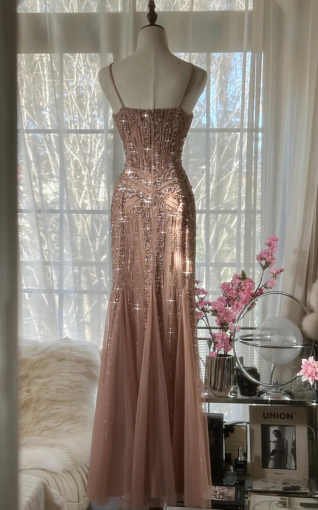 Elegant Blush Pink Spaghetti Strap Mermaid Tulle Sequin Long Prom Dress Beaded Graduation Prom Adult Ceremony Dress