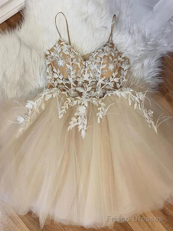 Elegant Spaghetti Straps A-Line Tulle Applique Short Homecoming Dresses Online, Secondary image