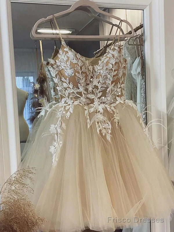 Elegant Spaghetti Straps A-Line Tulle Applique Short Homecoming Dresses Online, Main image