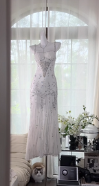 Elegant Spaghetti Straps Apricot Beaded Chiffon Mermaid Gowns Vintage Backless Prom Dress