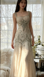 Elegant Spaghetti Straps Apricot Beaded Chiffon Mermaid Gowns Vintage Backless Prom Dress