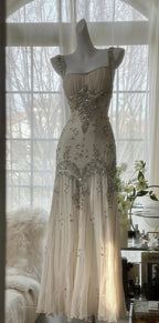Elegant Spaghetti Straps Apricot Beaded Chiffon Mermaid Gowns Vintage Backless Prom Dress