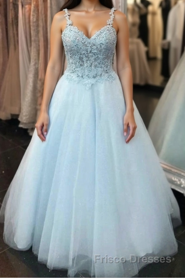 Elegant Spaghetti Straps Backless Long Blue Lace Formal Prom Dresses, Backless Blue Lace Formal Graduation Evening Dresses Main image