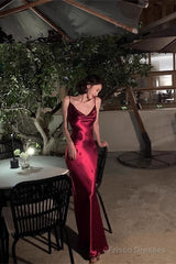 Elegant Spaghetti Straps Burgundy Satin Long Prom Dress Evening Dress