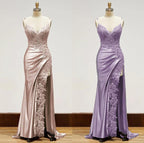 Elegant Black Spaghetti Straps Evening Dresses Satin Sheath Long Prom Dresses With Slits