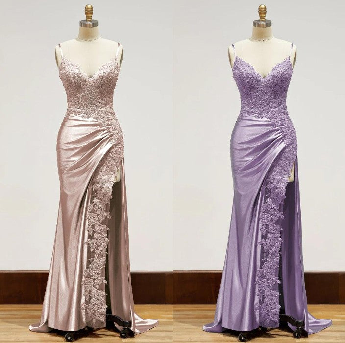 Elegant Black Spaghetti Straps Evening Dresses Satin Sheath Long Prom Dresses With Slits