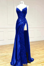 Elegant Black Spaghetti Straps Evening Dresses Satin Sheath Long Prom Dresses With Slits