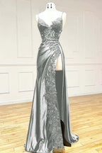 Elegant Black Spaghetti Straps Evening Dresses Satin Sheath Long Prom Dresses With Slits