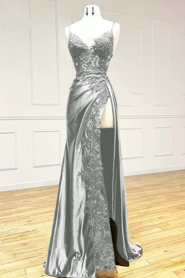 Elegant Black Spaghetti Straps Evening Dresses Satin Sheath Long Prom Dresses With Slits