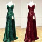 Elegant Black Spaghetti Straps Evening Dresses Satin Sheath Long Prom Dresses With Slits
