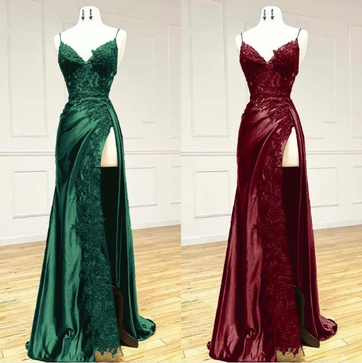 Elegant Black Spaghetti Straps Evening Dresses Satin Sheath Long Prom Dresses With Slits