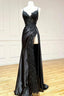 Elegant Black Spaghetti Straps Evening Dresses Satin Sheath Long Prom Dresses With Slits