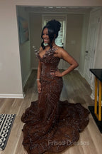 Elegant Sparkle Brown Mermaid Court Train V-neck Sleeveless Prom Dresses