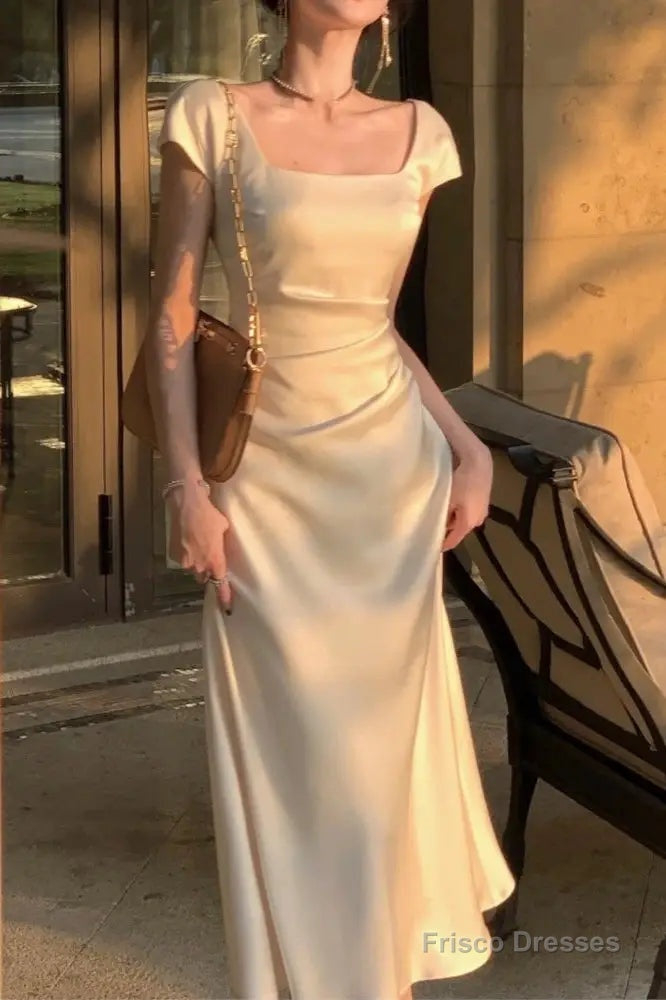 Elegant Square Neck Long Party Dress Beige Satin Mermiad Prom Evening Dress Secondary image