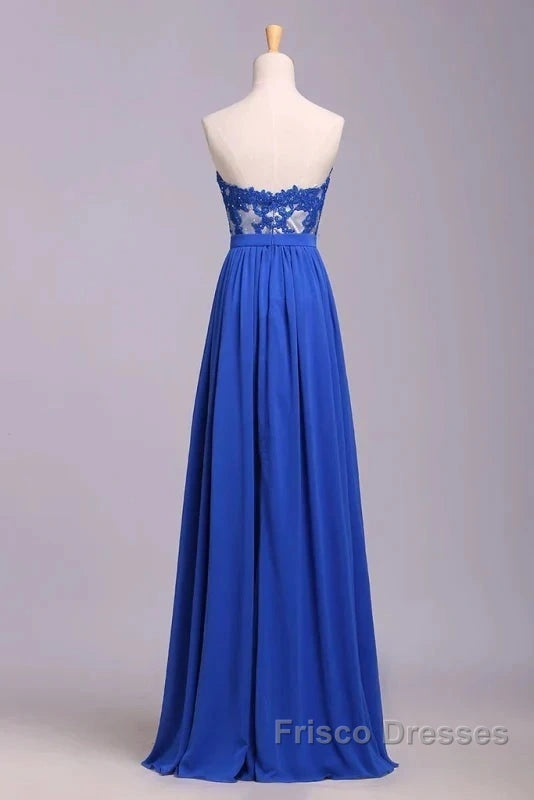 Elegant Strapless Chiffon Evening Lace Appliques Long Formal Prom Dress Royal Blue