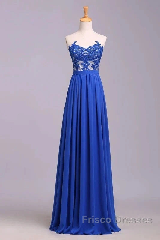 Elegant Strapless Chiffon Evening Lace Appliques Long Formal Prom Dress Royal Blue
