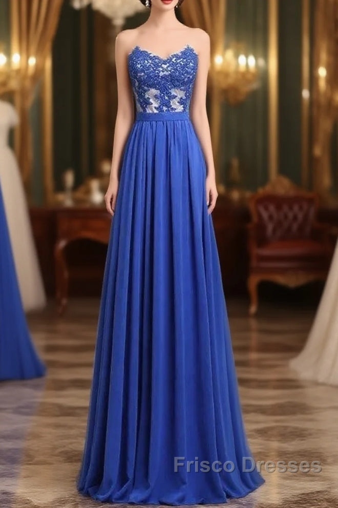 Elegant Strapless Chiffon Evening Lace Appliques Long Formal Prom Dress Royal Blue Main image