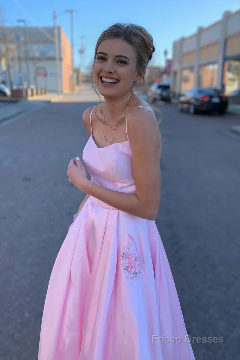 Elegant Straps A-Line Pink Long Prom Dress with Beaded Pockets Secondary image