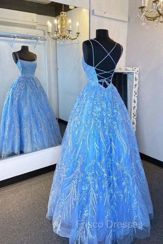 Elegant Straps Blue Appliqued Formal Dress Formal Prom Dress, Evening Dress