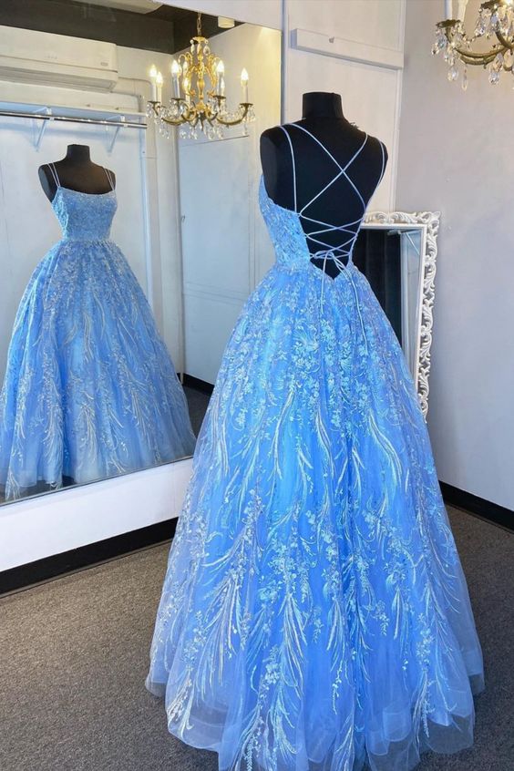 Elegant Straps Blue Appliqued Formal Dress Prom Dress, Evening Dress Main image