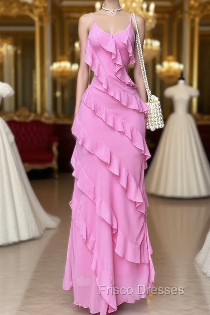 Elegant Straps Sheath Chiffon Formal Prom Dress Pink Ruffles Long Party Dress Main image