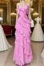 Elegant Straps Sheath Chiffon Formal Prom Dress Pink Ruffles Long Party Dress