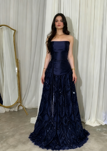Elegant Straps Sheath Midnight Blue Long Prom Dresses Satin Midnight B