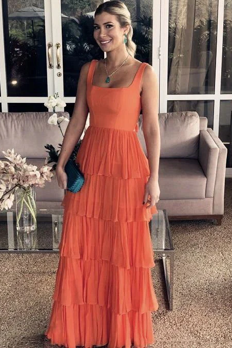 Elegant Straps Square Layered Sleeveless Long Prom Formal Dress Main image