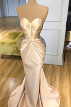 Elegant Sweetheart Champagne Formal Prom Dress Mermaid Long With Crystals