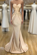 Elegant Sweetheart Champagne Formal Prom Dress Mermaid Long With Crystals