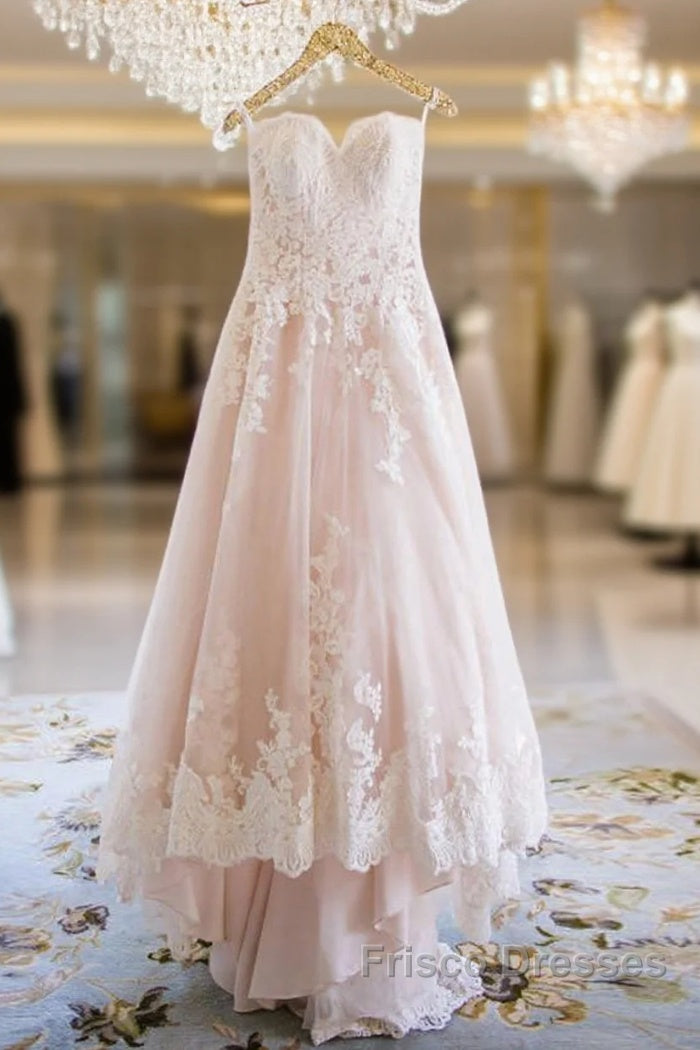 Elegant Sweetheart High Low Blush Wedding Dress With White Lace Main image