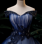 Elegant Teal Blue Off-The-Shoulder Embroidered Tulle Ball Gown Evening Dress Sweet 16 Dress