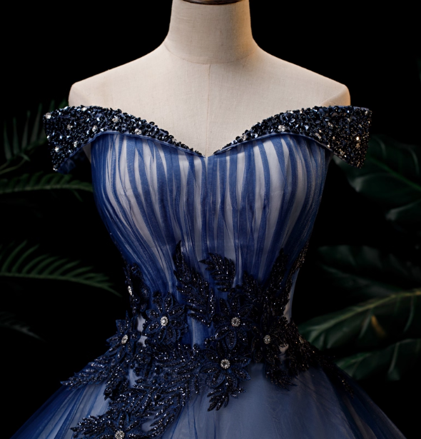 Elegant Teal Blue Off-The-Shoulder Embroidered Tulle Ball Gown Evening Dress Sweet 16 Dress