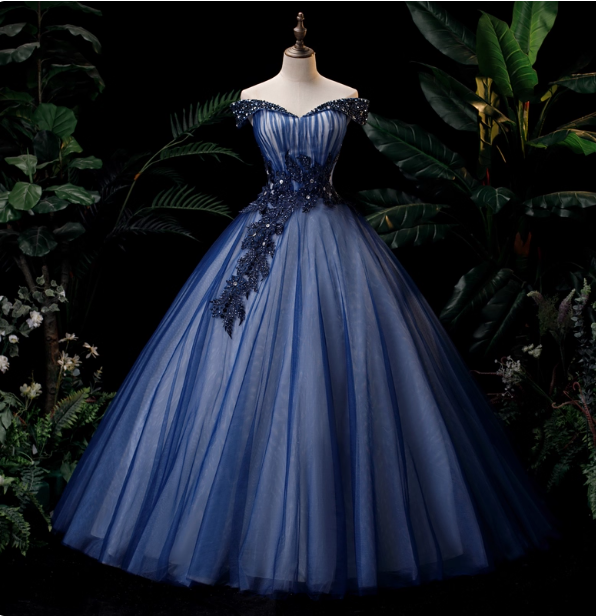 Elegant Teal Blue Off-The-Shoulder Embroidered Tulle Ball Gown Evening Dress Sweet 16 Dress Main image