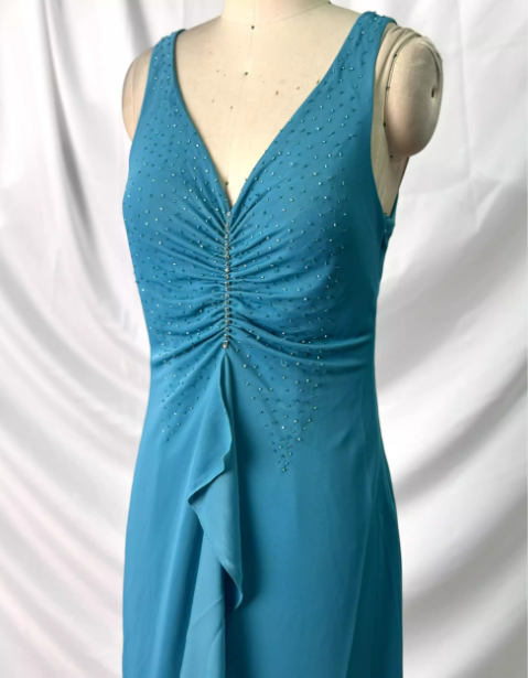 Elegant Teal Blue V-Neck Ruffled Beaded Chiffon Long Prom Dress Evening Dress Secondary image