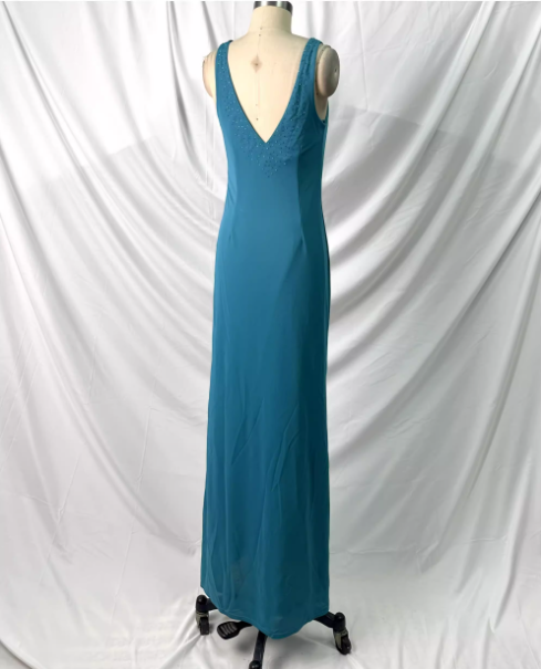 Elegant Teal Blue V-Neck Ruffled Beaded Chiffon Long Prom Dress Evening Dress
