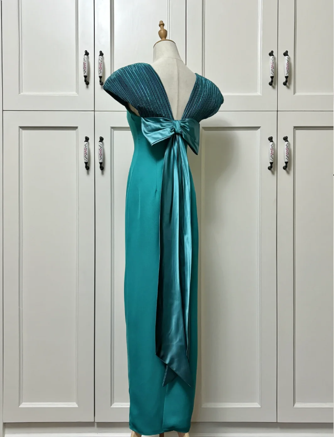 Elegant Teal Bow Fitted Satin Long Prom Dress Evening Dress