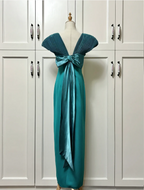Elegant Teal Bow Fitted Satin Long Prom Dress Evening Dress