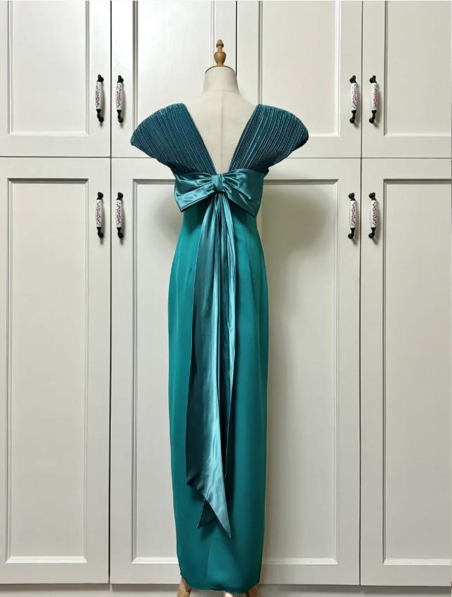 Elegant Teal Bow Fitted Satin Long Prom Dress Evening Dress