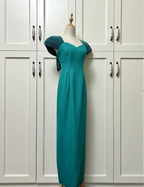 Elegant Teal Bow Fitted Satin Long Prom Dress Evening Dress