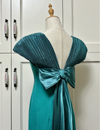 Elegant Teal Bow Fitted Satin Long Prom Dress Evening Dress
