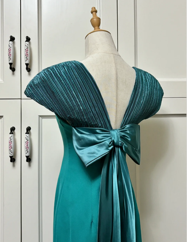 Elegant Teal Bow Fitted Satin Long Prom Dress Evening Dress