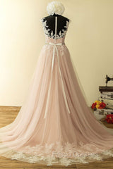 Elegant Tulle Lace Long Formal Prom Dress, A-Line Scoop Neckline Evening Dress