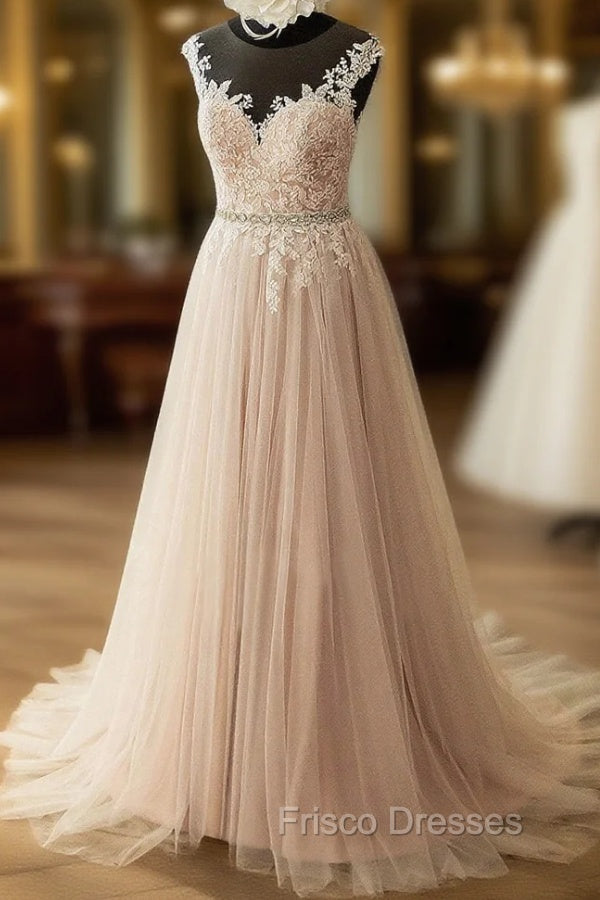 Elegant Tulle Lace Long Formal Prom Dress, A-Line Scoop Neckline Evening Dress Main image